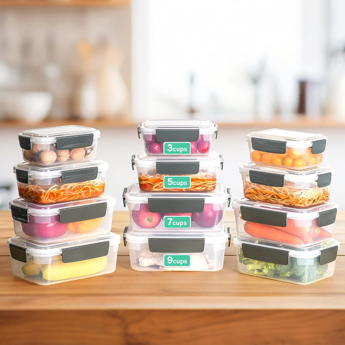 YORY 9 cup Plastic Food Storage Containers with Lids Nestable Freezer Dishwasher Safe Rectangle Meal Prep Container Set,5-Pack