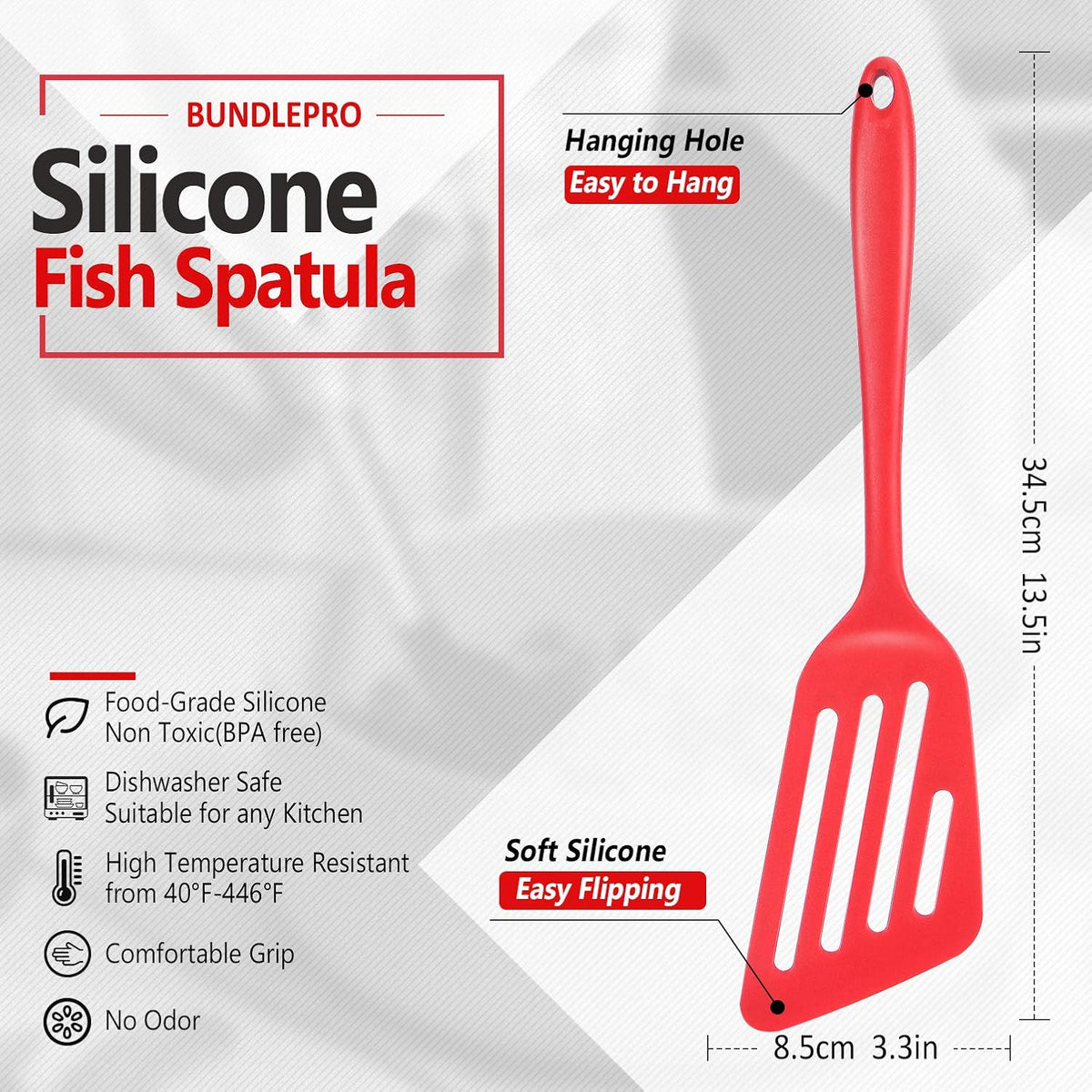 Pack of 2 Silicone Fish Spatula, Non-stick Large Slotted Flipper Turner, High Heat Resistant Kitchen Cookwares for Frying, Cooking Seafood, Meat, Eggs, Omelets, Pancakes, Burgers