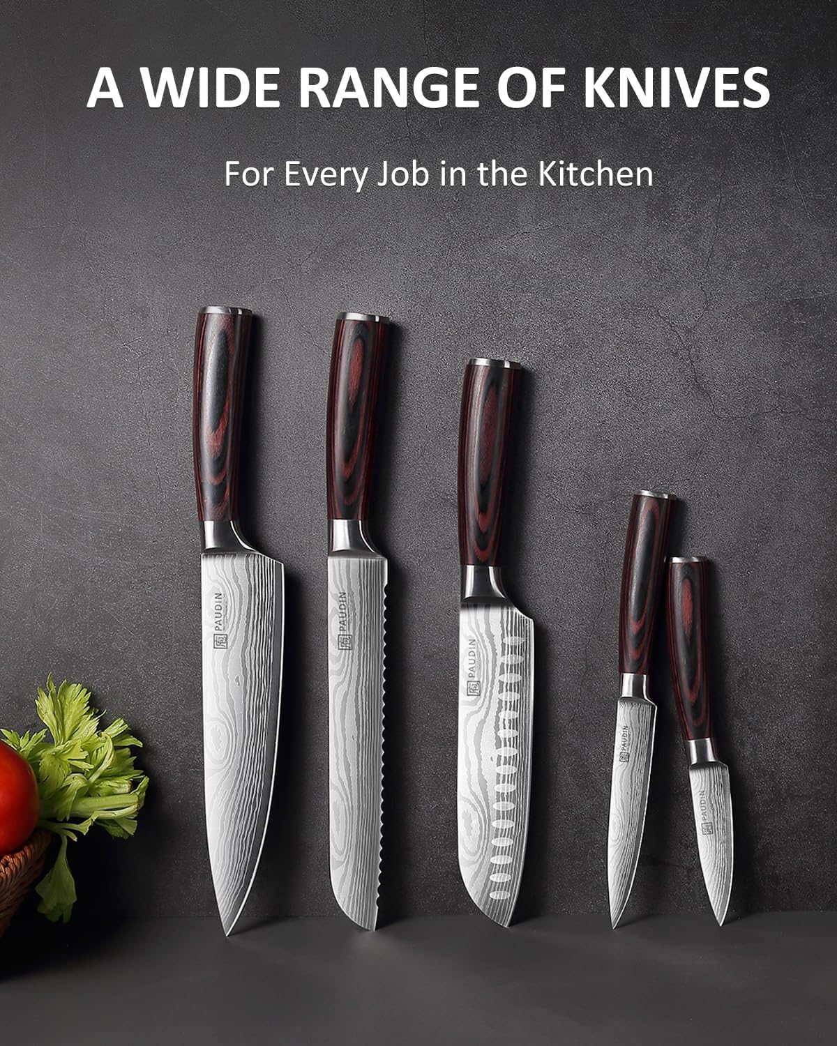 PAUDIN Kitchen Knife Set, Ultra Sharp Knife Set with Pakkawood Handle, High Carbon Stainless Steel Knives Set for Kitchen, 5 Piece Chef Knife Set Come with Gift Box