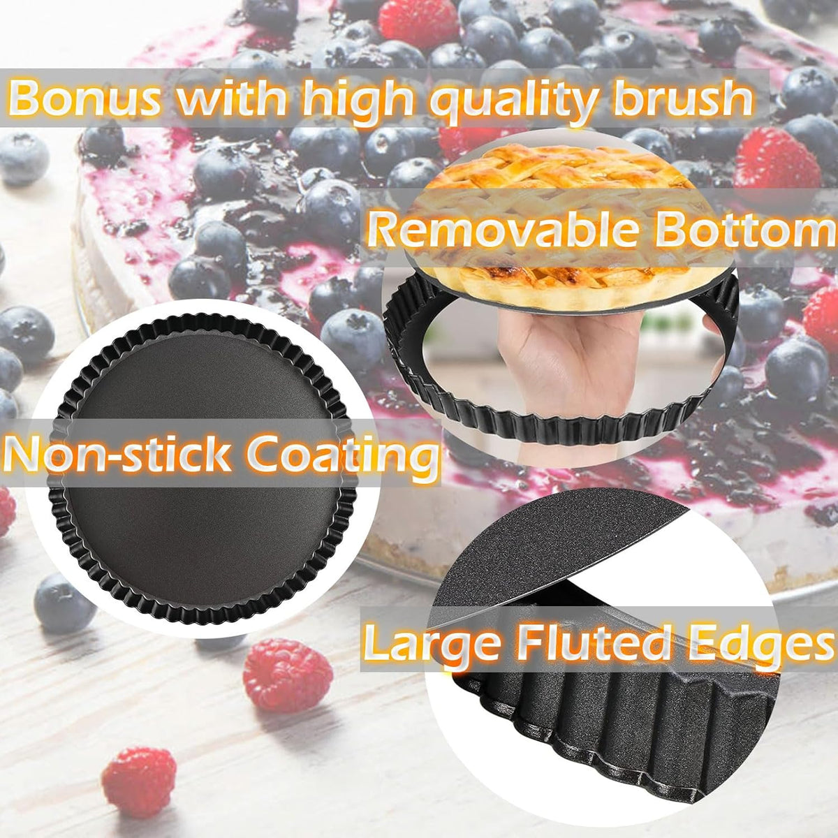 Tart Pans with Removable Bottom 10 Inch Quiche Pan, Heavy Duty Carbon Steel Round Non-stick Fluted Pie Tart Pan for Mousse Cakes, Christmas Dessert Baking (10.2 Inch 1pc)