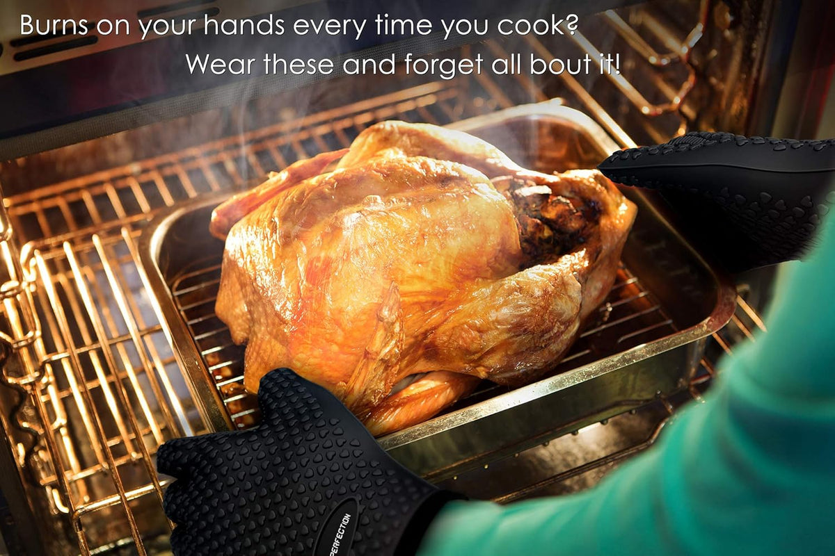 KITCHEN PERFECTION XL Silicone Smoker Oven Gloves -Extreme Heat Resistant BBQ Gloves -Handle Hot Food Right on Your Grill Fryer & Pit | Waterproof Oven Mitts Grill Gloves |Superior Value Set+3 Bonuses