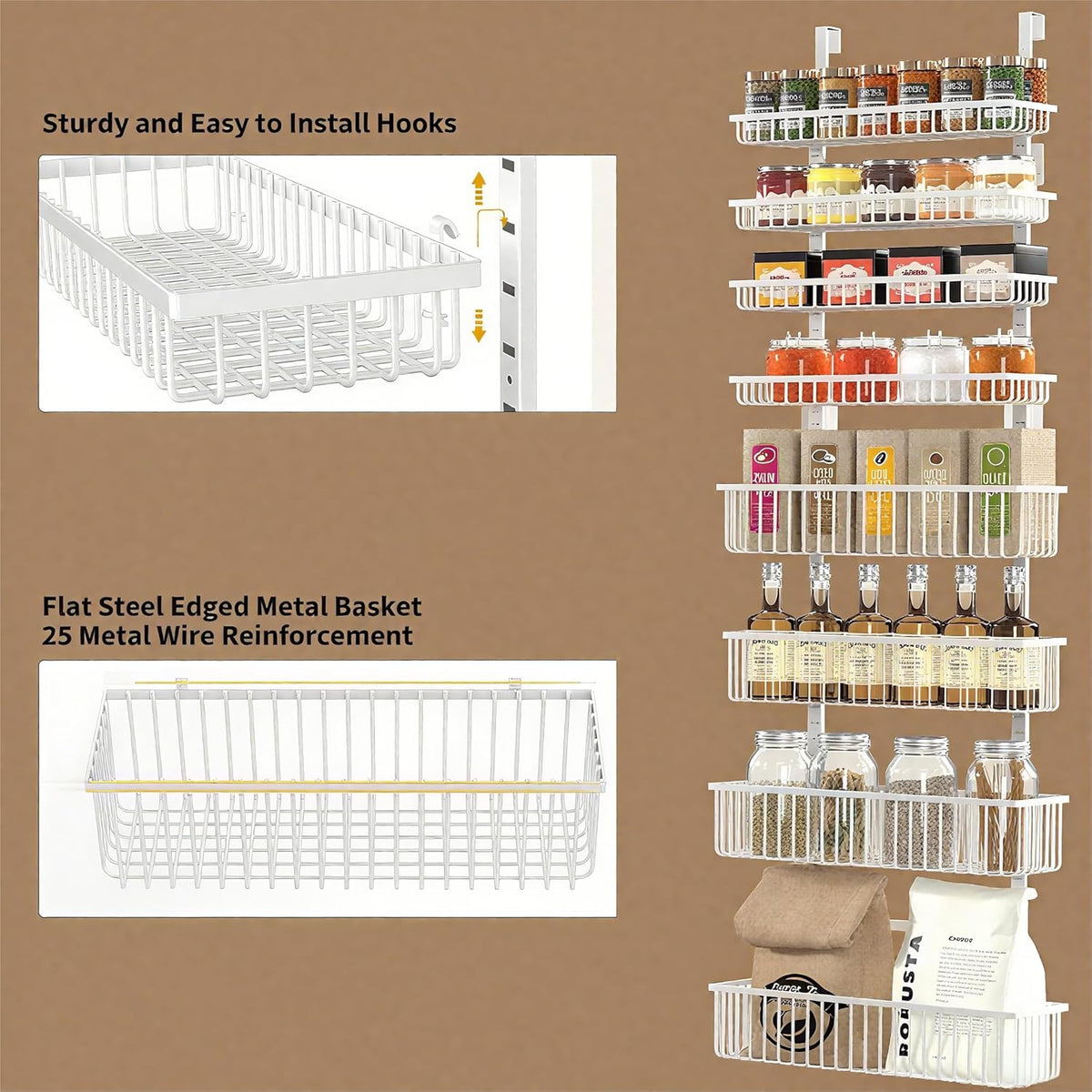Moforoco White Over The Door Pantry Organizer, Pantry Organization and Storage, Metal Hanging Spice Rack Shelves Door, Seasoning Shelves, Laundry Room Organization, House and Kitchen Essentials