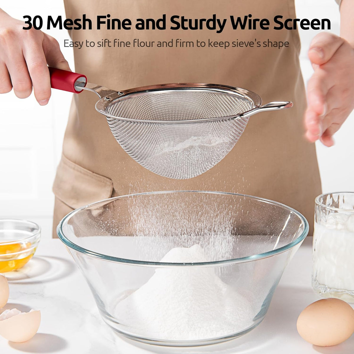 U-Taste Medium Fine Mesh Strainer: 18/8 Stainless Steel 4.73in 30 Mesh Kitchen Food Sieve with Sturdy Riveted Silicone Handle, Heavy Duty Deep Handheld Metal Colander for Rice, Quinoa, Flour (Red)