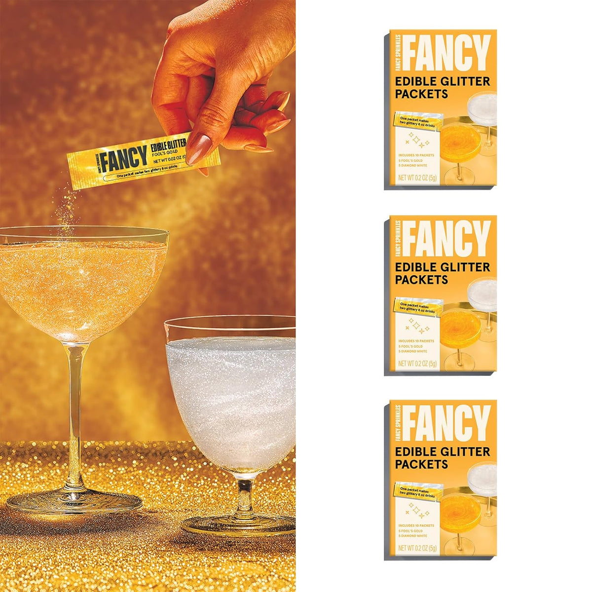 Fancy Sprinkles Pop The Bubbly Edible Glitter Packets Portable & On-The-Go for Sparkling Drinks, Champagne, Cocktails, Wine, Beer, & more. (3 Pack)