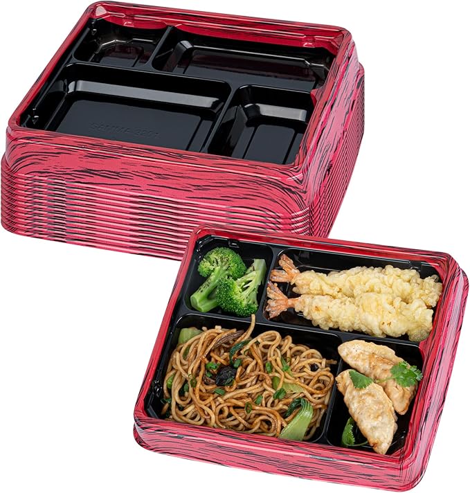 Restaurantware Bento Tek 15.2 Ounce Meal Prep Containers, 100 Disposable To Go Food Boxes - Lids Sold Separately, 4 Compartments, Red And Black Plastic Bento Lunch Boxes, Freezable, For Take Out