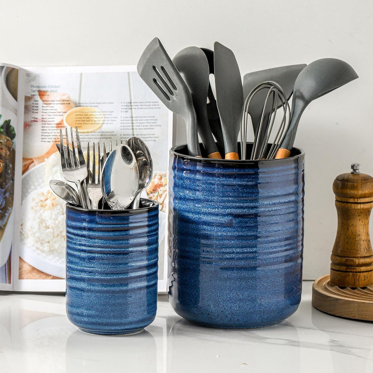 Hasense Utensil Holder, 7.4” + 5.4” Ceramic Cooking Utensil Crock for Kitchen Counter, 2 Pack Utensil Caddy Utensil Organizer for Spatula and Spoon Kitchen Decor, Navy Blue