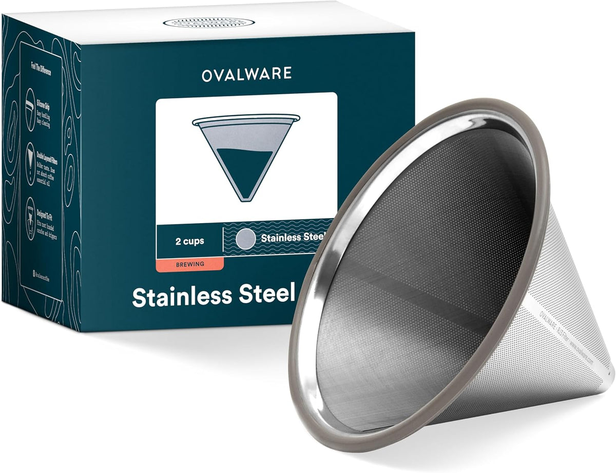 OVALWARE Paperless Stainless Steel Pour Over Coffee Filter – Reusable and Permanent Coffee Cone Dripper for Ovalware, Chemex, Hario and Other Carafes