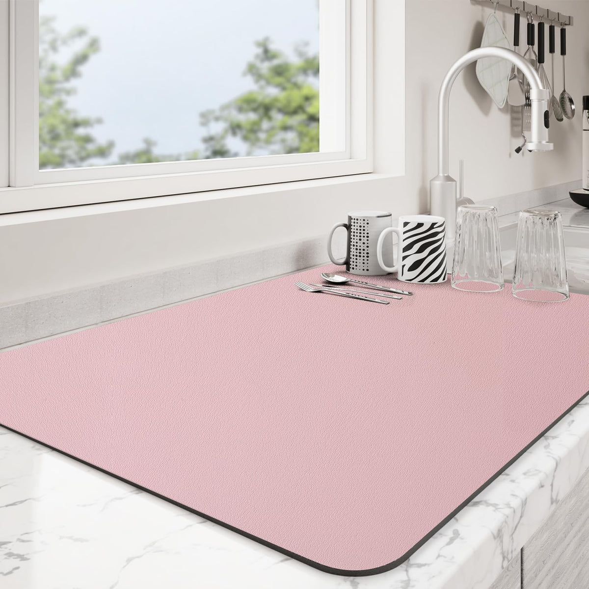 Dish Drying Mat for Kitchen Counter | Coffee Bar Mat for Countertops | Heat Resistant Drainer Mat with Non-slip Rubber Backed | Hide Stain Kitchen Absorbent Draining Mat | Pink 18"x32"