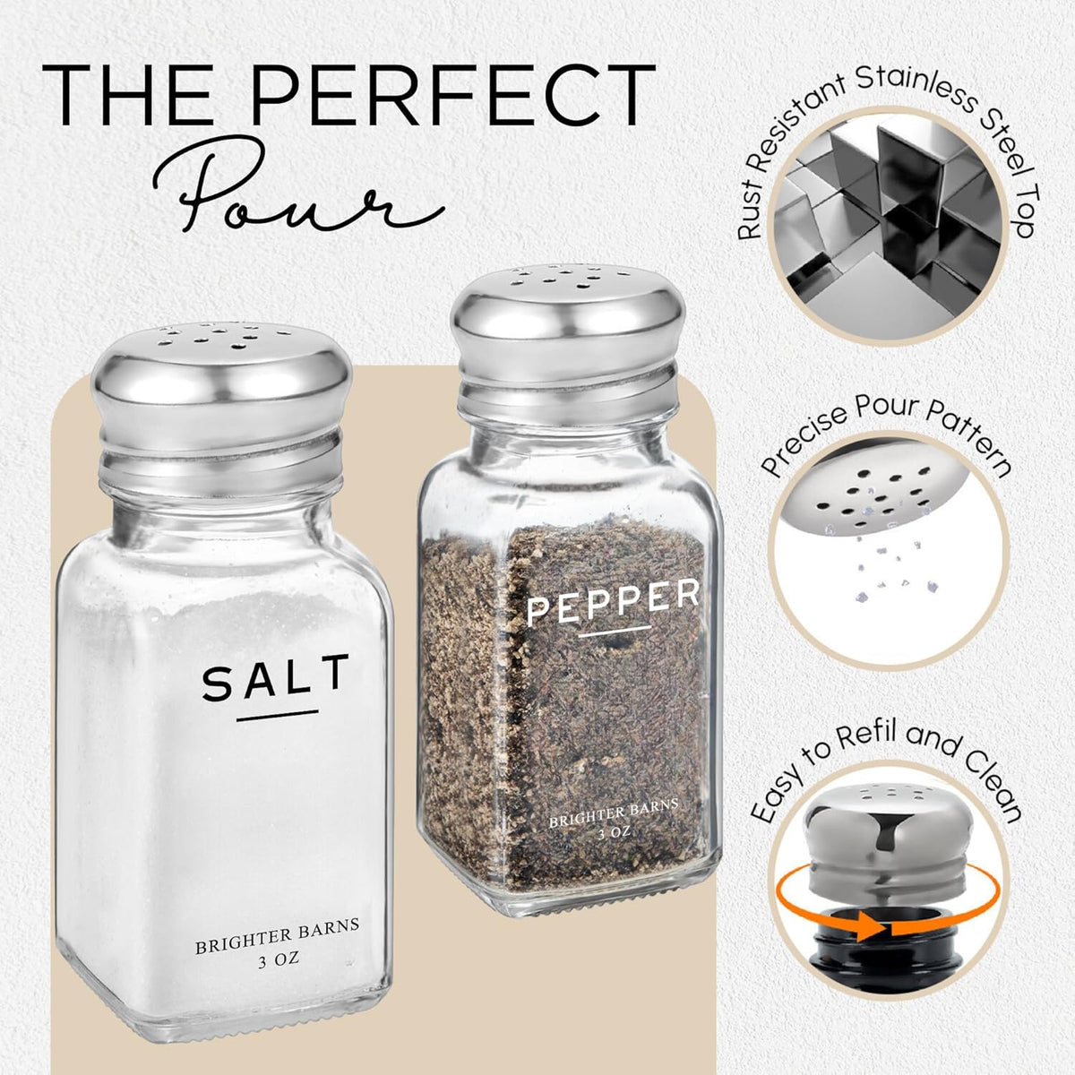 Glass Salt and Pepper Shakers Set by Brighter Barns - Modern Kitchen Decor, Dining Table Countertop Accessory - Rustic, Farmhouse, Vintage Glass Shakers with Stainless Steel Lids for Home, Restaurant