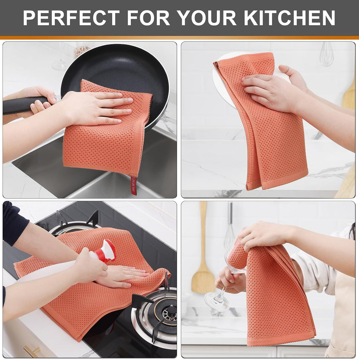 Kitinjoy 100% Cotton Waffle Weave Kitchen Towels, 12-Pack Super Soft and Absorbent Dish Towels for Drying Dishes, Kitchen Hand Towels, 13 in x 28 in, Coral
