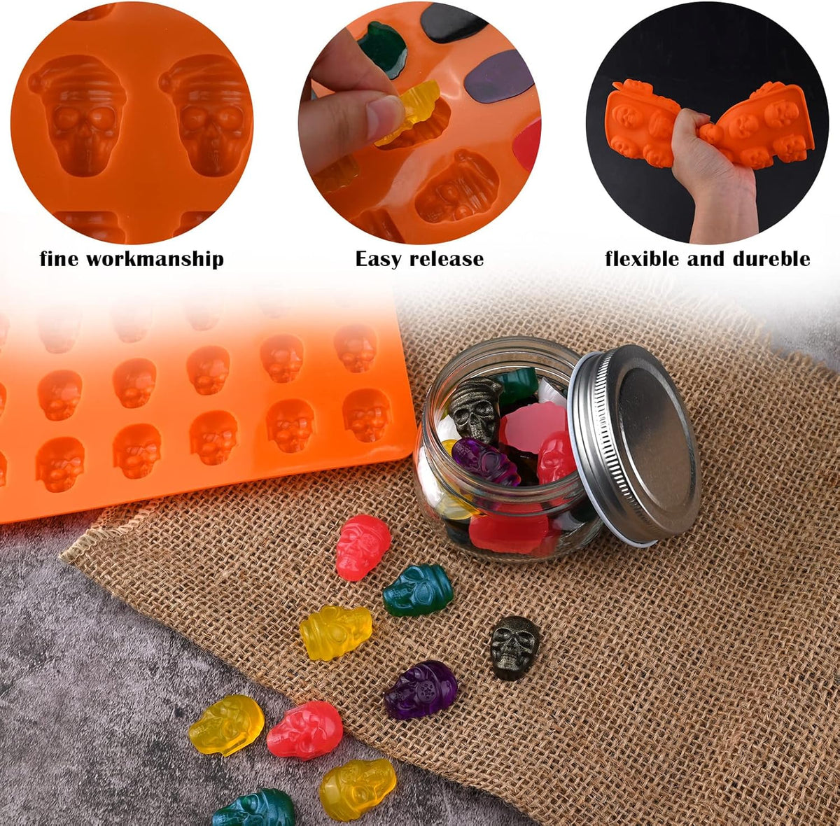 Sakolla Skull Candy Molds Silicone, 2 Pack 36 Cavity Non-Stick Halloween Gummy Molds for Chocolate, Candy, Jelly, Ice Cube, Dog Treats