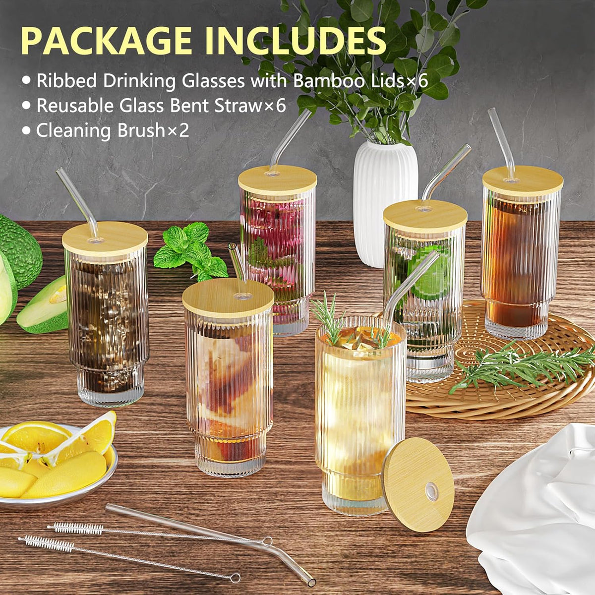 16Oz Glass Cups, 6Set Glass Tumbler with Straw and Lid, Vintage Glassware for Whiskey Cocktail Beer, Iced Coffee Cups with Lid (6 PACK)