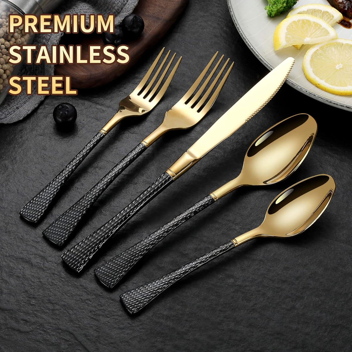 Hammered Black Gold Silverware Set,20 Piece Modern Flatware Set Service for 4,Mirror Polished Stainless Steel Cutlery Set Utensil Set Tableware Set,Kitchen Knives Fork Spoon Set,Dishwasher Safe