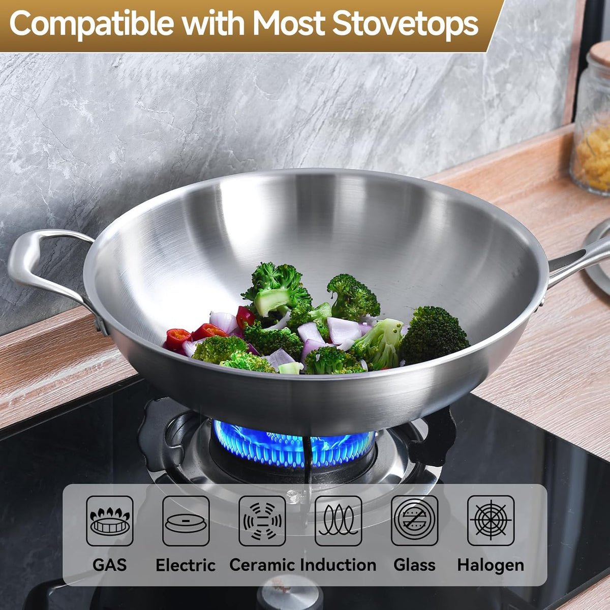 LOLYKITCH 12 Inch Tri-Ply Stainless Steel Wok Pan with Lid, Stir-Frying Pan,Induction Cooking Pan,Dishwasher and Oven Safe,Heavy Duty and Detachable Handle.
