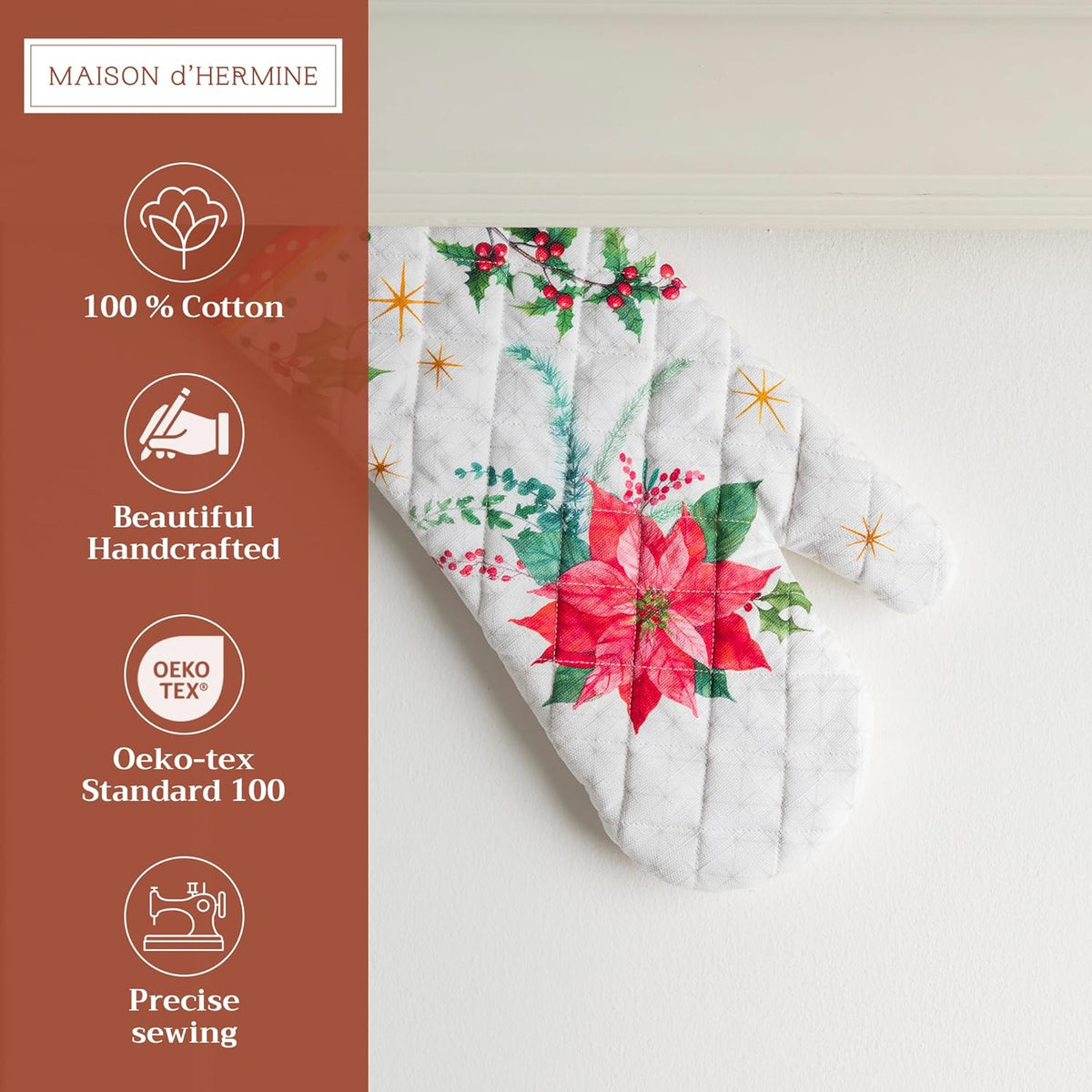 Maison d' Hermine Oven Gloves 100% Cotton Oven Mitt 7" x 13" with Loop Heat Resistant, BBQ, Cooking Gloves, Baking, Grilling, Kitchen, Handling Hot Pans (Pack of 1, Poinsettia Christmas)
