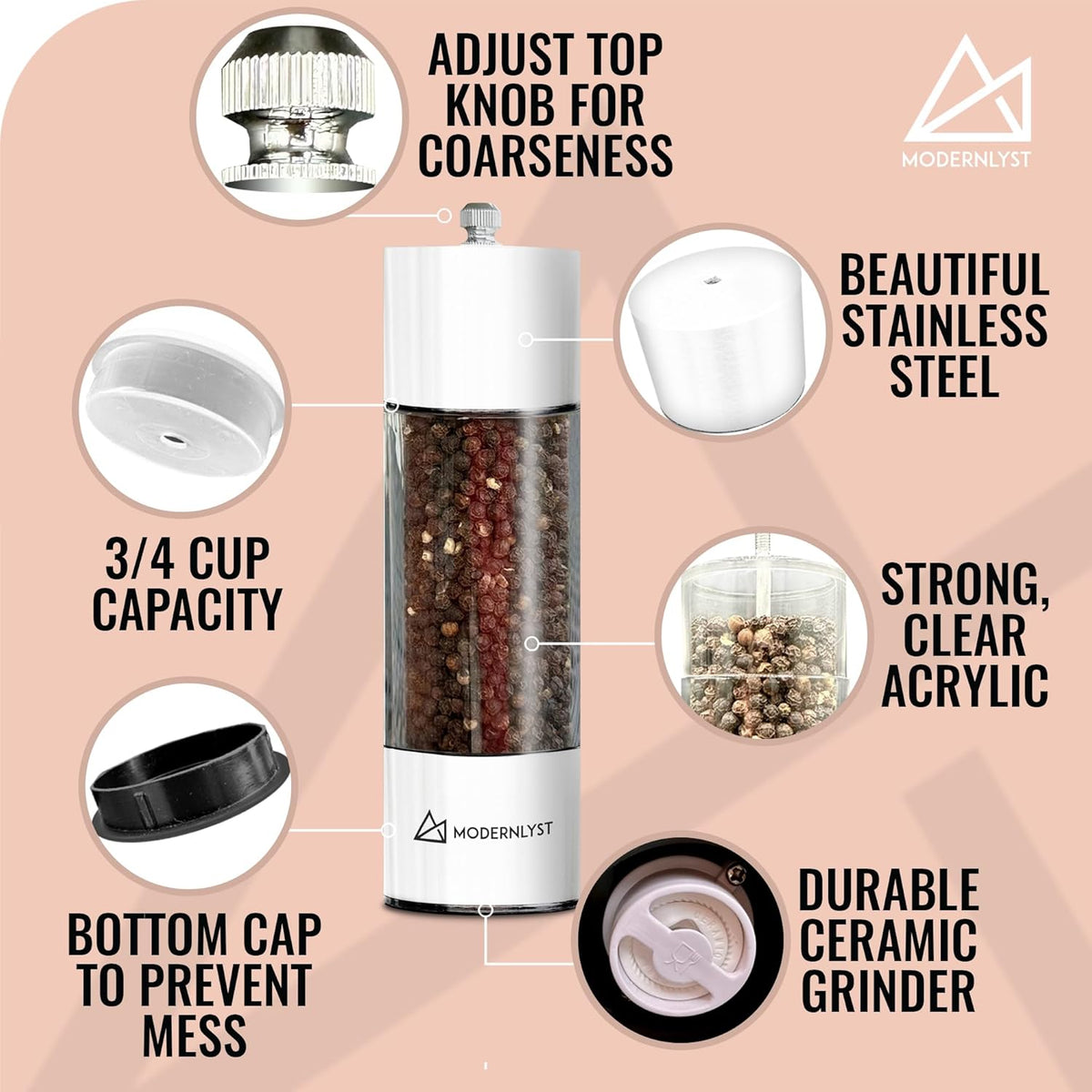 Manual Salt and Pepper Grinder Set of 2 | Large Round Shakers | 7.5 Inch Stainless Steel Refillable Grinders (White)
