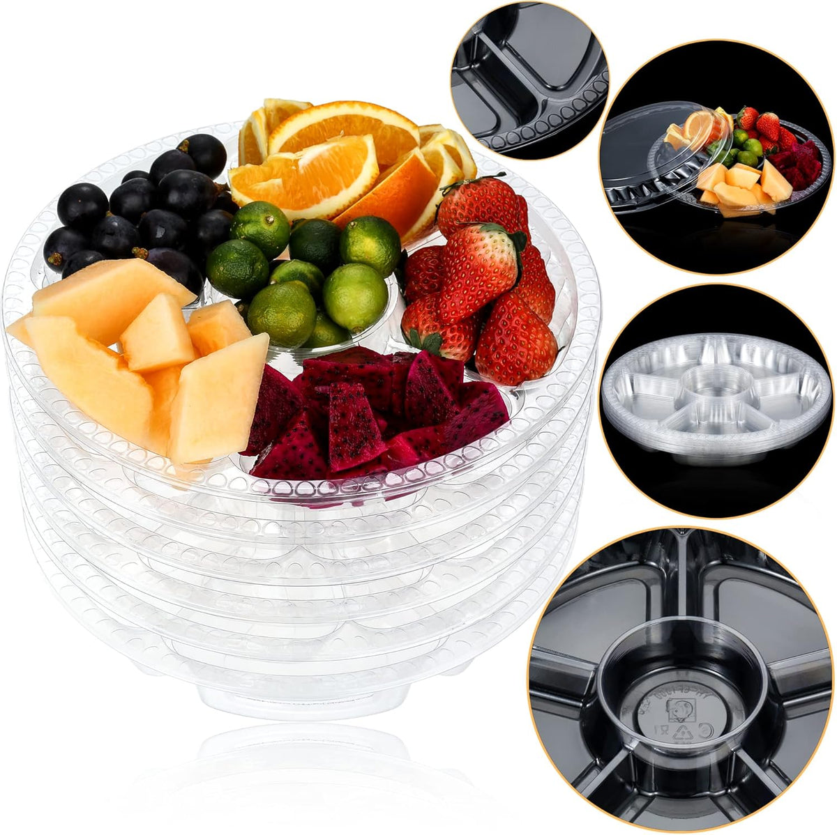 12 Pack Round Plastic Veggie Tray with Lid Fruit Tray 6 Divided Compartment Container Food Serving Dip Platter Reusable Catering Trays for Veggie Fruit Snack Party and Buffet Trays（Clear，12inch）
