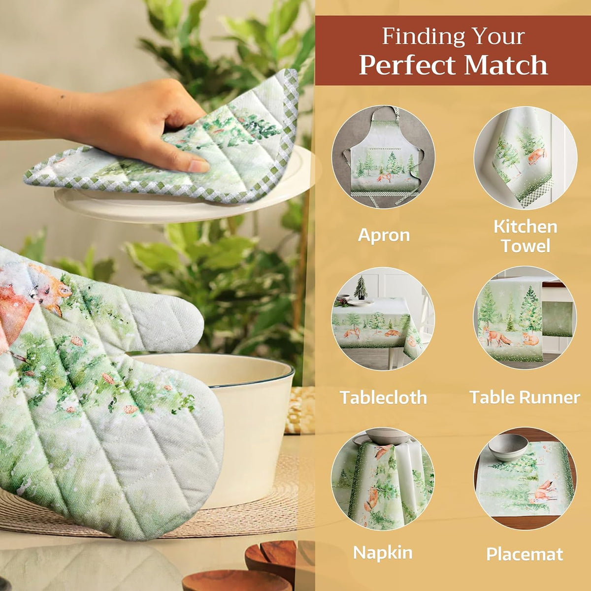 Maison d' Hermine Oven Gloves 100% Cotton Oven Mitt 7" x 13" with Loop Heat Resistant, BBQ, Cooking Gloves, Baking, Grilling, Kitchen, Handling Hot Pans (Pack of 1, Winter Mornings)