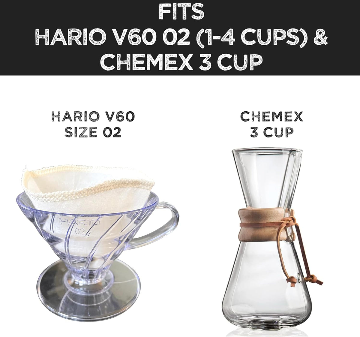 (2-Pack) Reusable Organic Cotton Pour Over Cone Filters for Hario V60, Chemex, Kalita and Origami Style Filters — Pourover Coffee Filter Maker Cup Ceramic, Glass, Plastic Dripper (Size 02, 2-4 Cups)