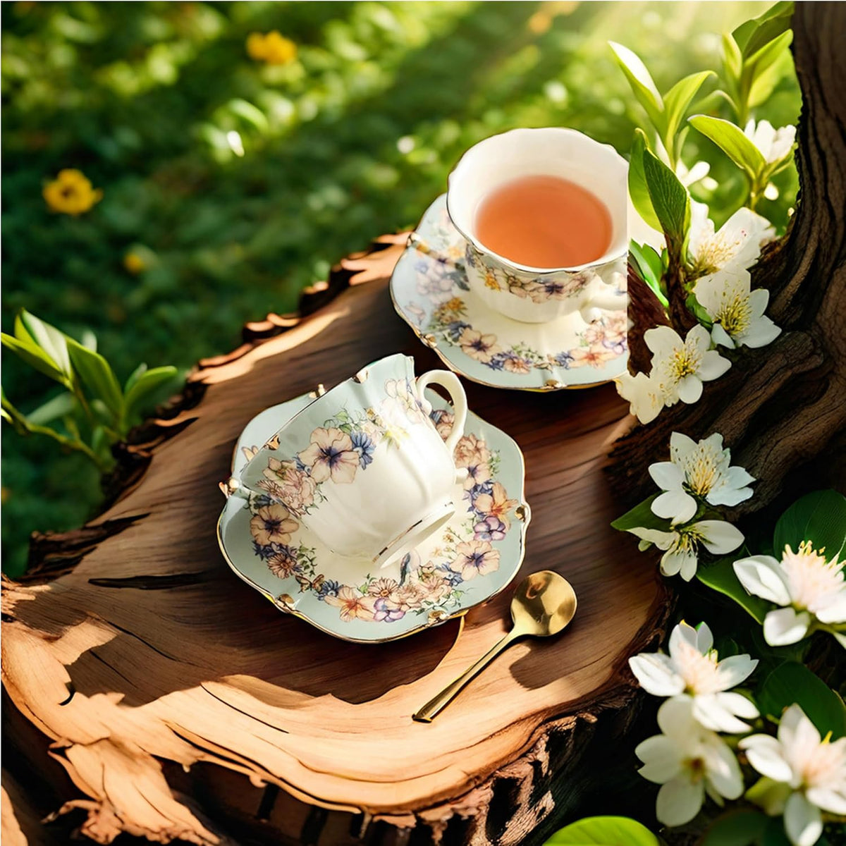 TATSUMI Country Roses Bone China Tea Cup and Saucer Set, 3 Pieces, Vintage Style, For Women and Tea Parties(Dutch Blue,1 Set)