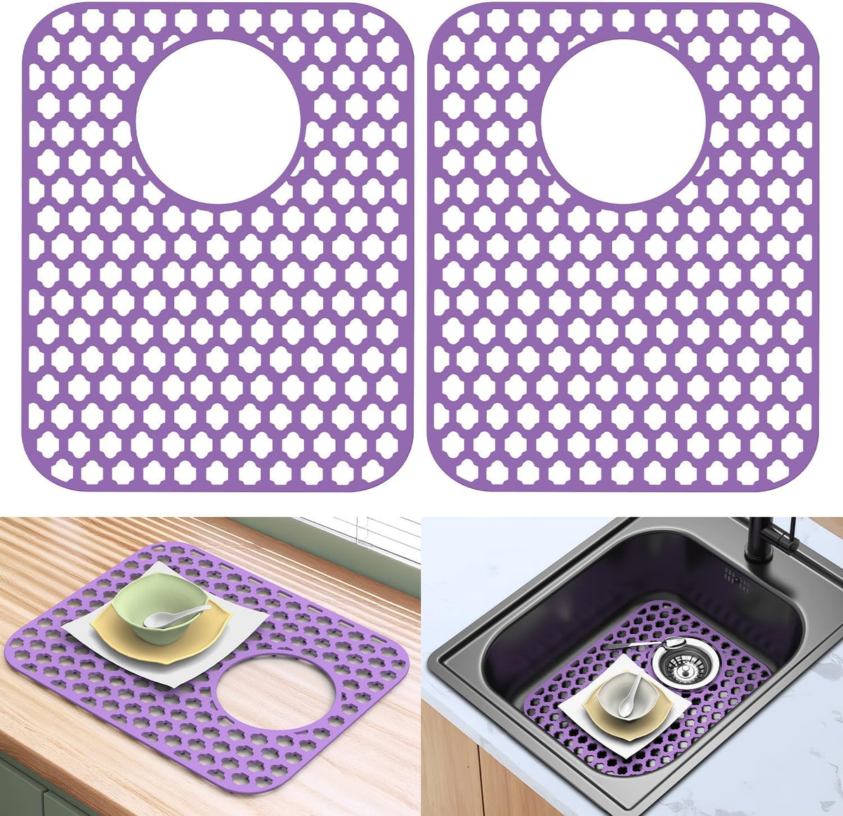 2 Pack Silicone Sink Protector for Kitchen Sink Bathroom, 13.58" x 11.6" Heat-resistant Sink Mat Non-Slip and Durable Silicone Protectors, Rear Drain (Purple)