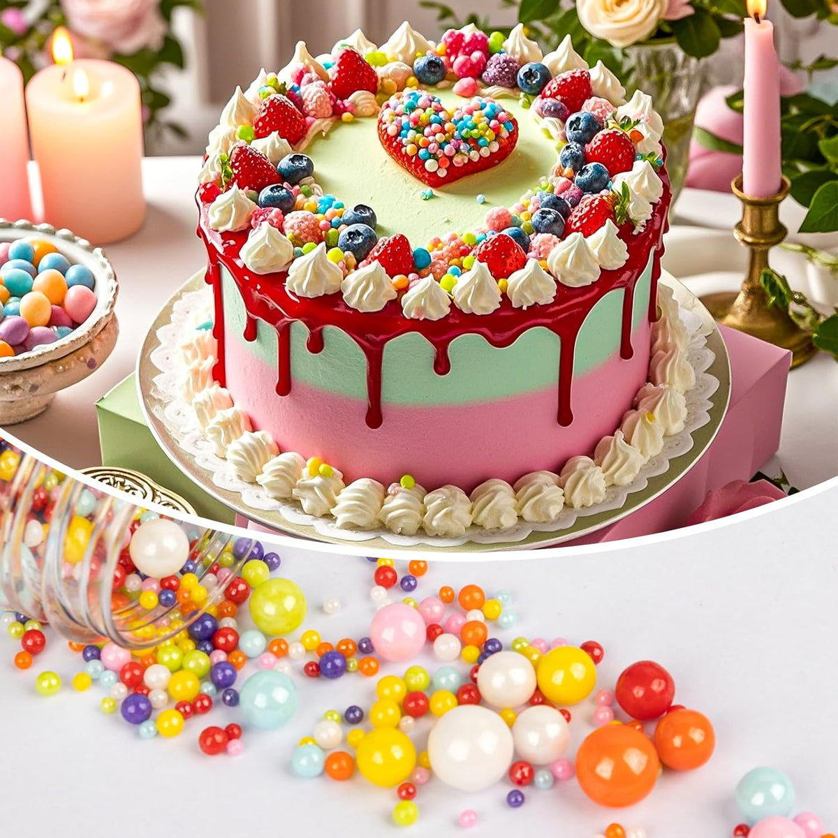 Twisweet Rainbow Pearl Sprinkles for Cake Decorating, Edible Sugar Pearls for Baking, Mix Size, Cake Topper Cupcake Cookie Ice Cream Dessert Decorations, Easter Birthday Summer Party Supplies (130g/4.58oz)