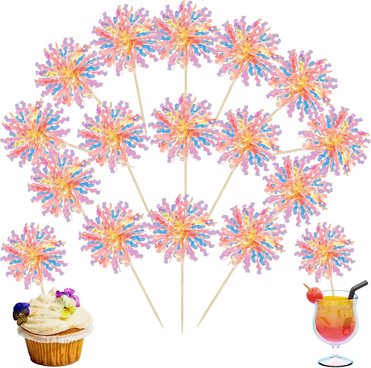 Ephlyn 30Pcs Foil Firework Cupcake Toppers Happy Birthday Cake Toppers Tinsel Flower Drink Stirrers Cocktail Food Fruit Toothpicks for Valentine's Day Party Decorations Orange