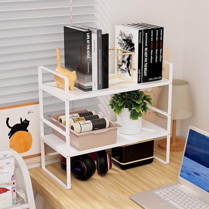 Cabinet Organizer Shelves,Expandable Cabinet Spice Racks,Stackable Shelves,Adjustable Storage Shelves for Kitchen Pantry Countertop Cupboards Bathroom,White,D:8.07",2 Packs