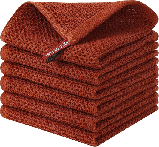 Kitinjoy 100% Cotton Kitchen Dish Cloths, 6 Pack Waffle Weave Dish Towels Ultra Soft Absorbent Quick Drying Dish Rags, 12 X 12 Inches, Rust