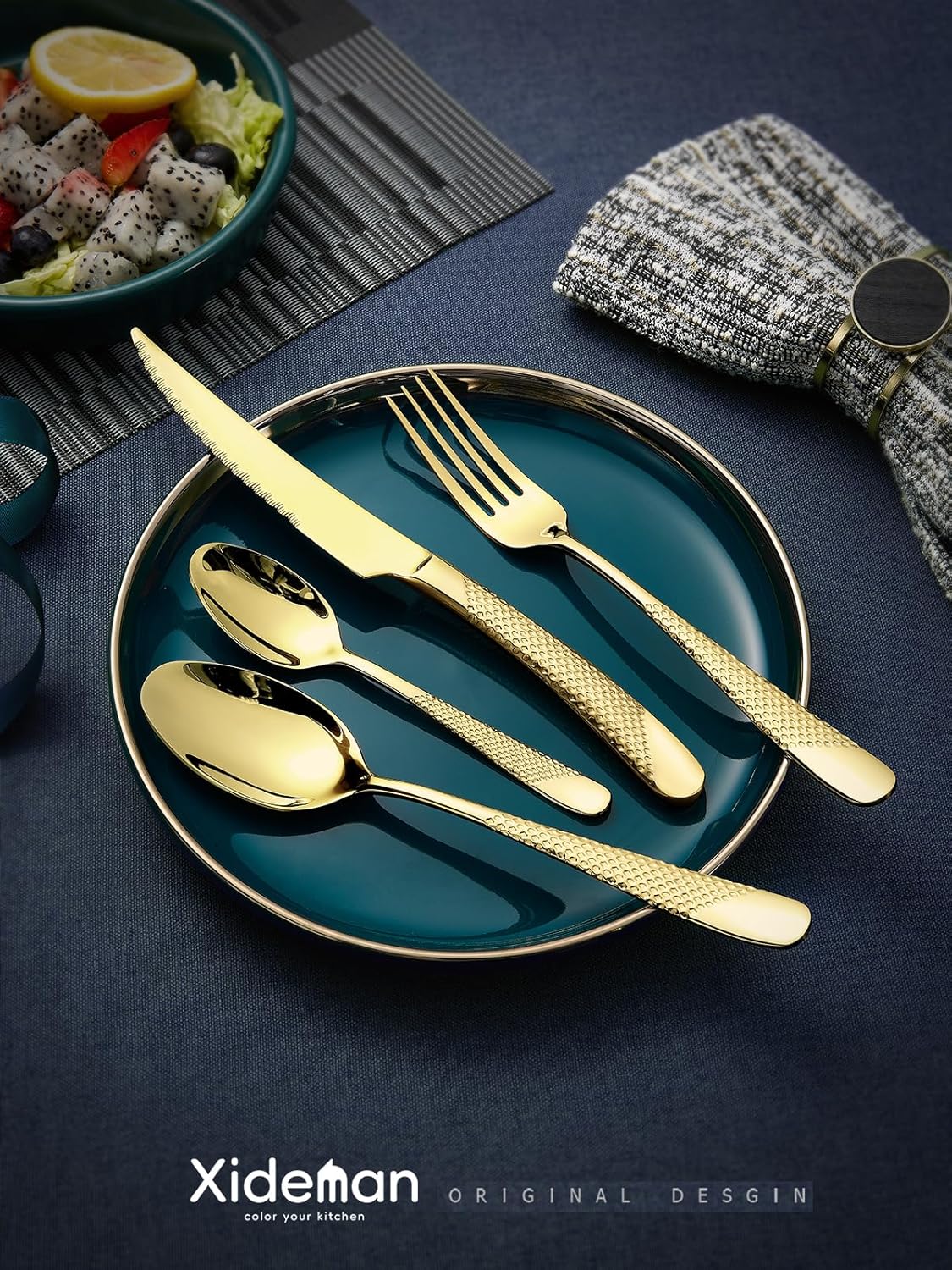16-Piece Modern Champagne Gold Hammered Silverware Set with Ultra Sharp 2-IN-1 Serrated Knive, Golden 18/10 Stainless Steel Flatware Set, Utensil Cutlery Set for 4 Person, Forks Spoons Knives