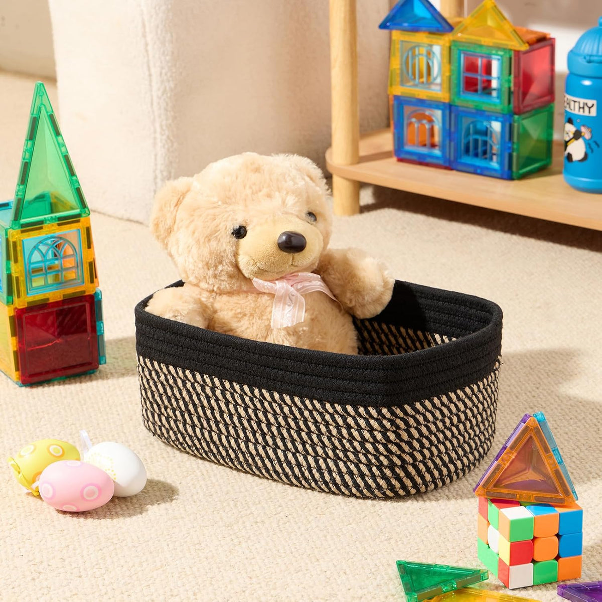 Small Storage Baskets for Organizing | Closet Organizer Bins | Shelf Toy Basket | Woven Rope Baskets | Cube Decorative Box | Shallow Basket | 11.5x7.5x4.7” | 3 Packs Black Brown