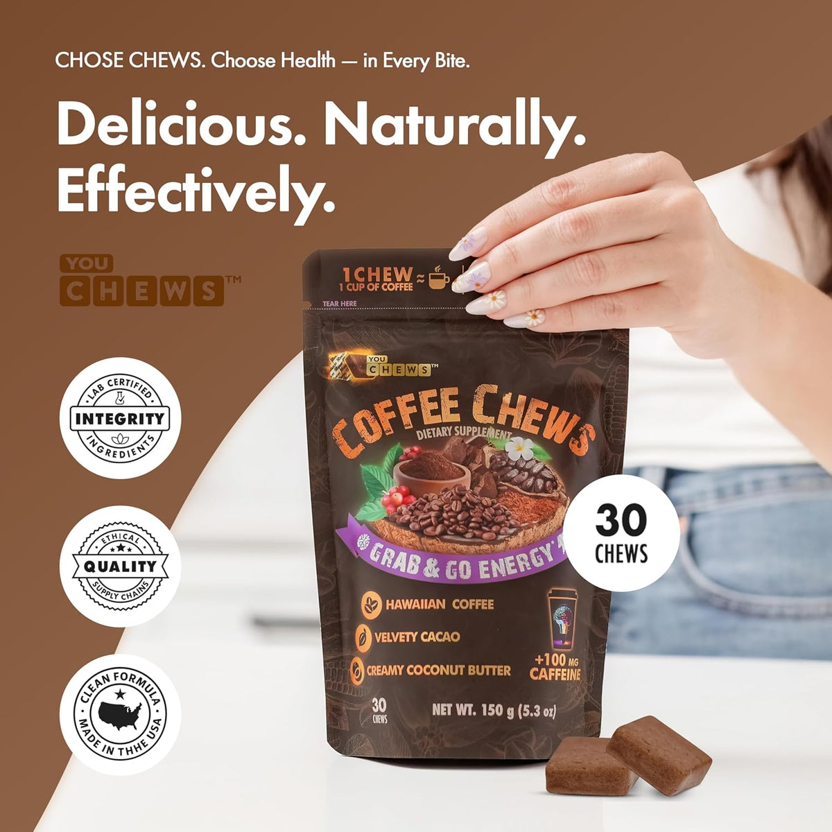Coffee Chews - Grab & Go Energy with 100mg per Chew of Clean, Green Caffeine. with Real Organic Ingredients, Low Sugar, Great Bold Taste & Long Lasting Energy Boost (Pack of 2)