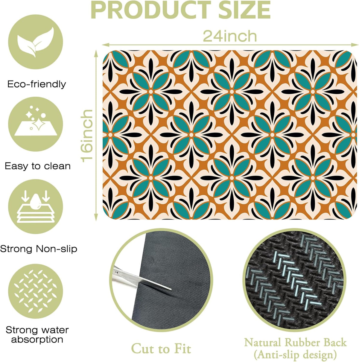 Dish Drying Mat Abstract Floral Kitchen Mat 16"x24" Bsorbent Coffee Maker Mat for Dishes,Utensils Coffee Maker Pots and Pans Easy Clean Dish Slip Resistant Pad
