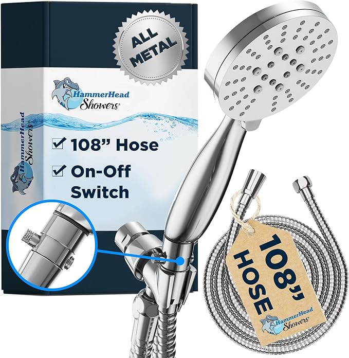 HammerHead Showers® Solid Metal 3-Spray Handheld Shower Head with Extra Long Hose and Shutoff Valve – Chrome - Perfect Dog Shower Head Attachment with 3 High Pressure Sprays - 2.5 GPM