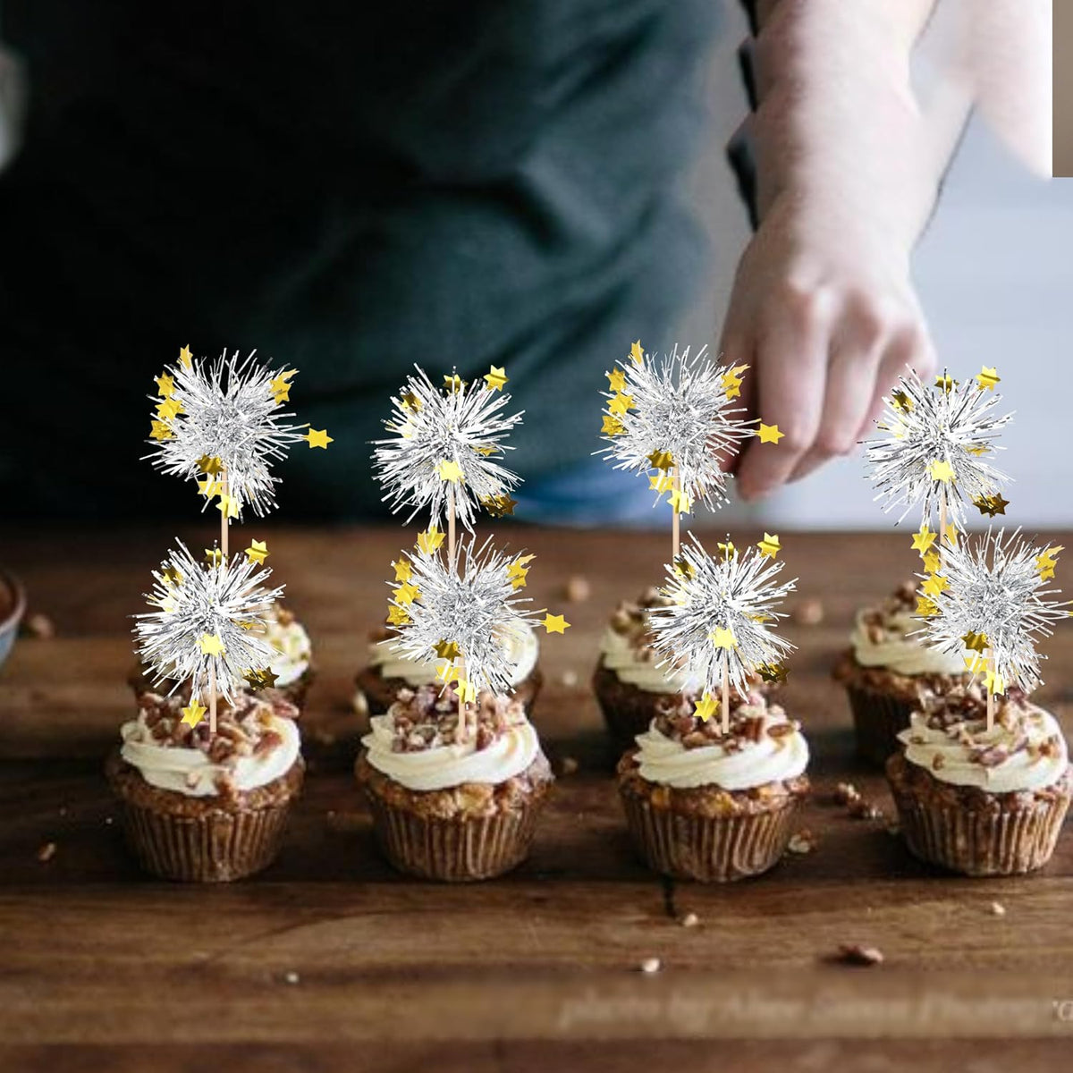 30 PCS Foil Firework Cupcake Toppers Happy Birthday Star Cupcake Picks Sparkle Tinsel Drink Stirrers Cocktail Fruit Toothpicks for Valentine's Day Wedding Birthday Party Decorations Supplies Silver