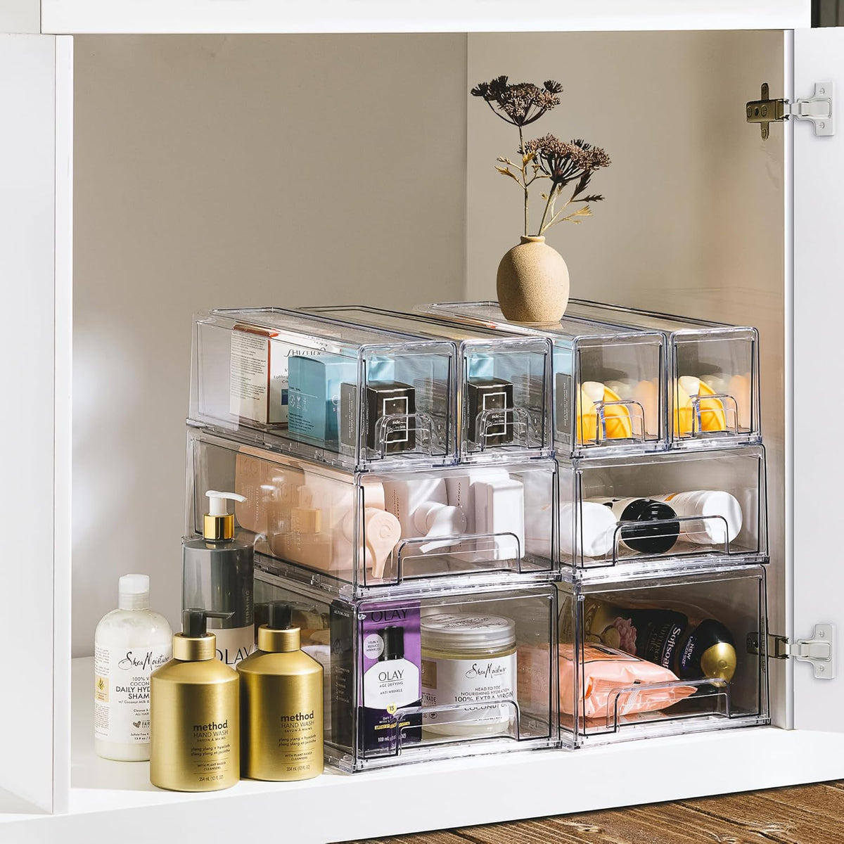 Sorbus Large Clear Storage Drawers (4 Pack) – Stackable Pull-Out Storage Bins with Handles, Slide Out Organizer Drawers for Pantry, Fridge, Kitchen – Acrylic Drawer Organizers