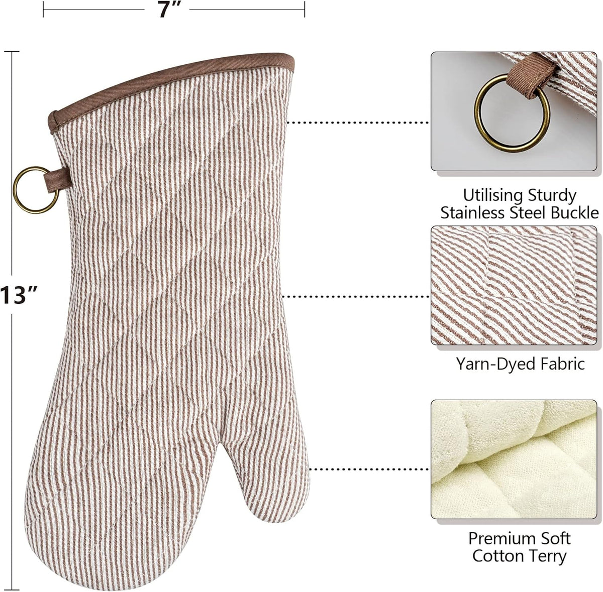 1 Pair Yarn Dyed Oven Mitts 100% Cotton Heat Resistant 470 Degree Gloves Men Women Cooking Baking Barbecue BBQ Microwave Crafting Machine Washable Pot Holders Mittens (Khaki)
