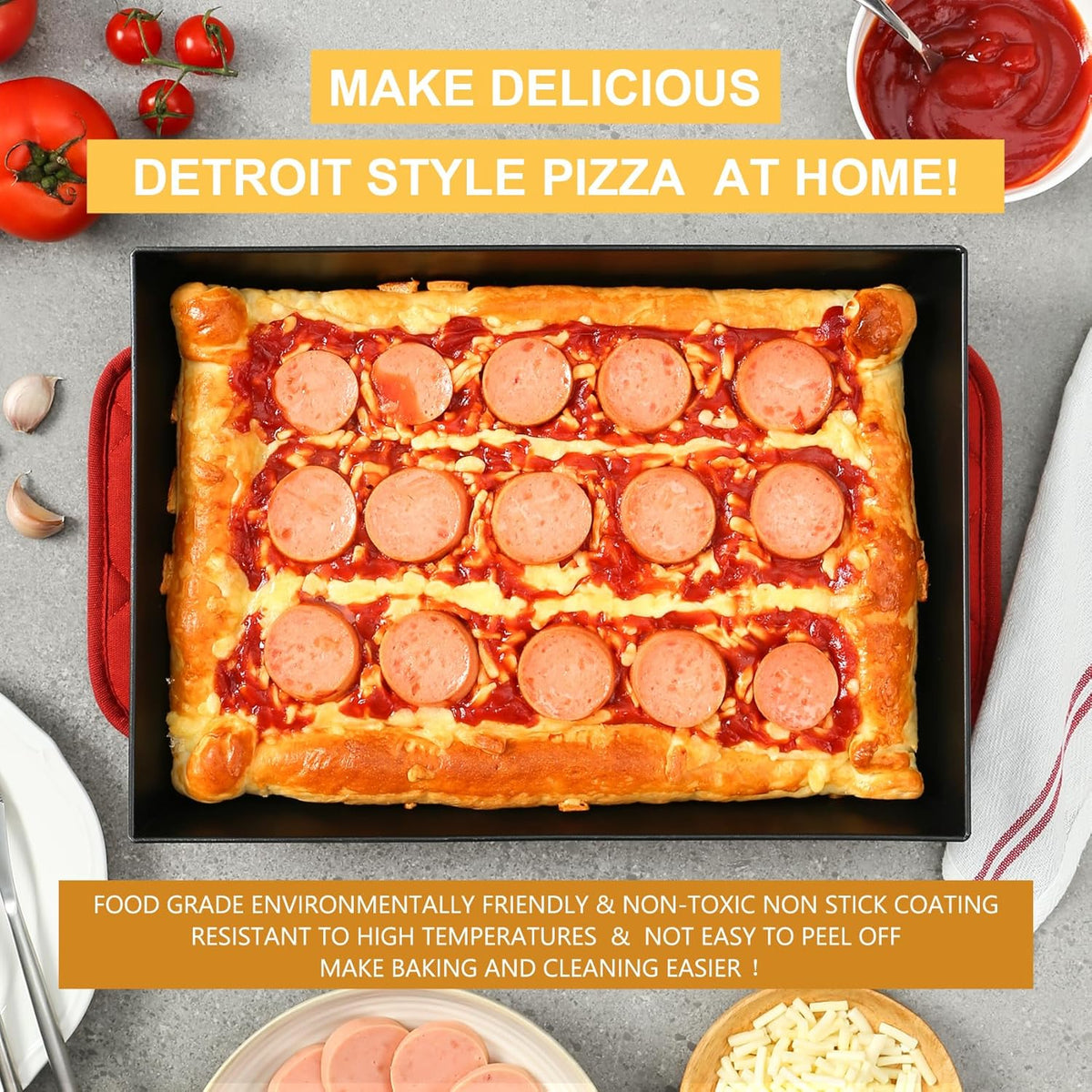 Detroit Style Pizza Pan 10x14x2.5 (Non-Stick, BPA & PFOA Free) Heat-Resistant Up to 800°F, Pre-Seasoned Authentic Hard Anodized Detroit Deep Dish Pizza Pan, Five-Year Free Replacement