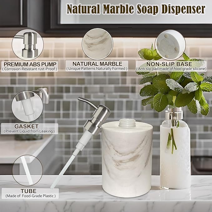 Marble Soap Dispenser, soap and Lotion Dispenser Bathroom, with Rust Proof Stainless Steel Pump Refillable for Kitchen Bathroom Countertop-Hand Lotion and Liquid Soap Dispenser-White