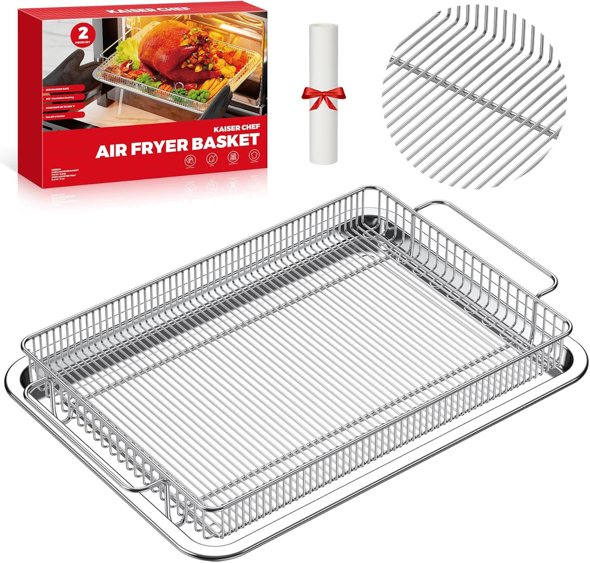 Air Fryer Basket for Oven,Ease Of Cleaning,Air Fryer Basket and Stainless Steel Baking Tray Pant Oven with 50 Sheets Parchment Papers,Air Fryer Pan Rack for Cooking Baking Dishwasher (1 Set L)