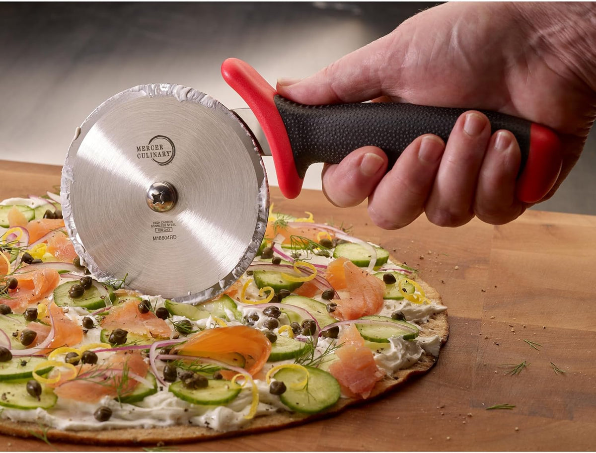 Mercer Culinary Millennia Pizza Cutter with Red Handle, 4 Inch Wheel, Stainless Steel