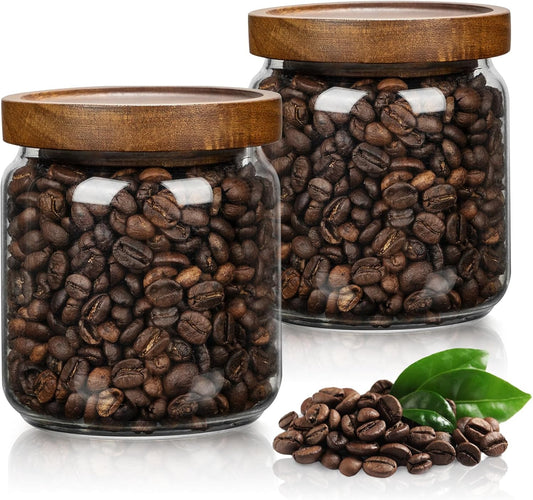 2PCS Small Glass Storage Jars with Airtight Lids, 17 fl oz (500ml) coffee container with Wooden Lid, Glass Pantry Canister for Beans, Rice, Sugar and etc
