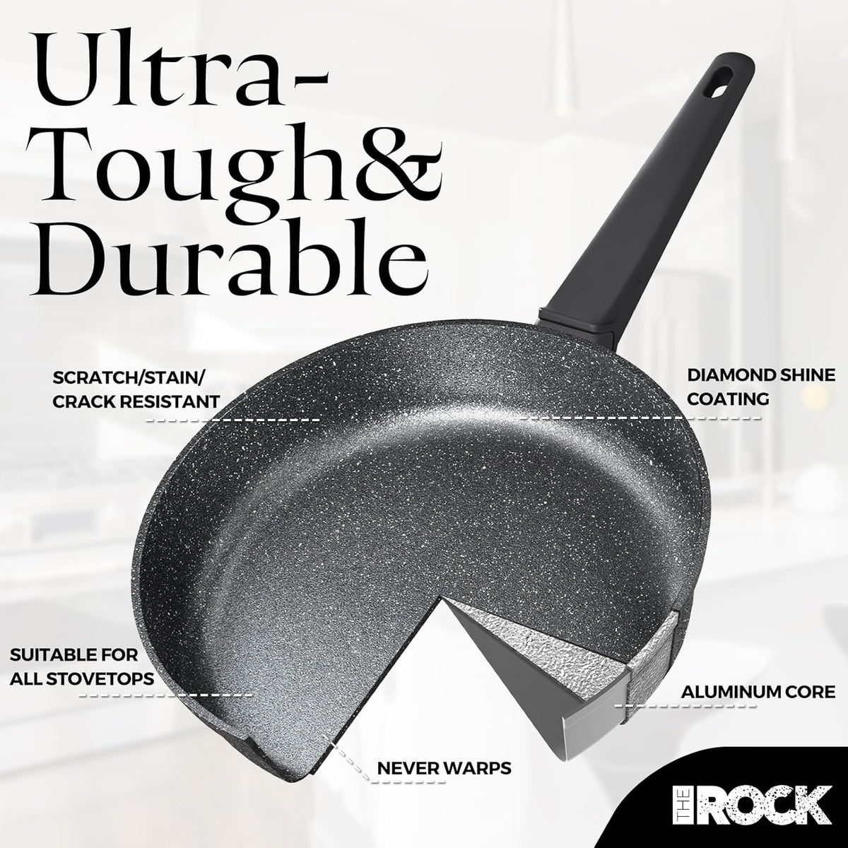 THE ROCK SOHO 12.5-Inch Non Stick Frying Pan with Lid – Nothing Sticks, Never Warps, Lasts Longer, Healthy Skillet with Heat-Resistant Handle, PFOA Free, Oven & Dishwasher Safe, Black