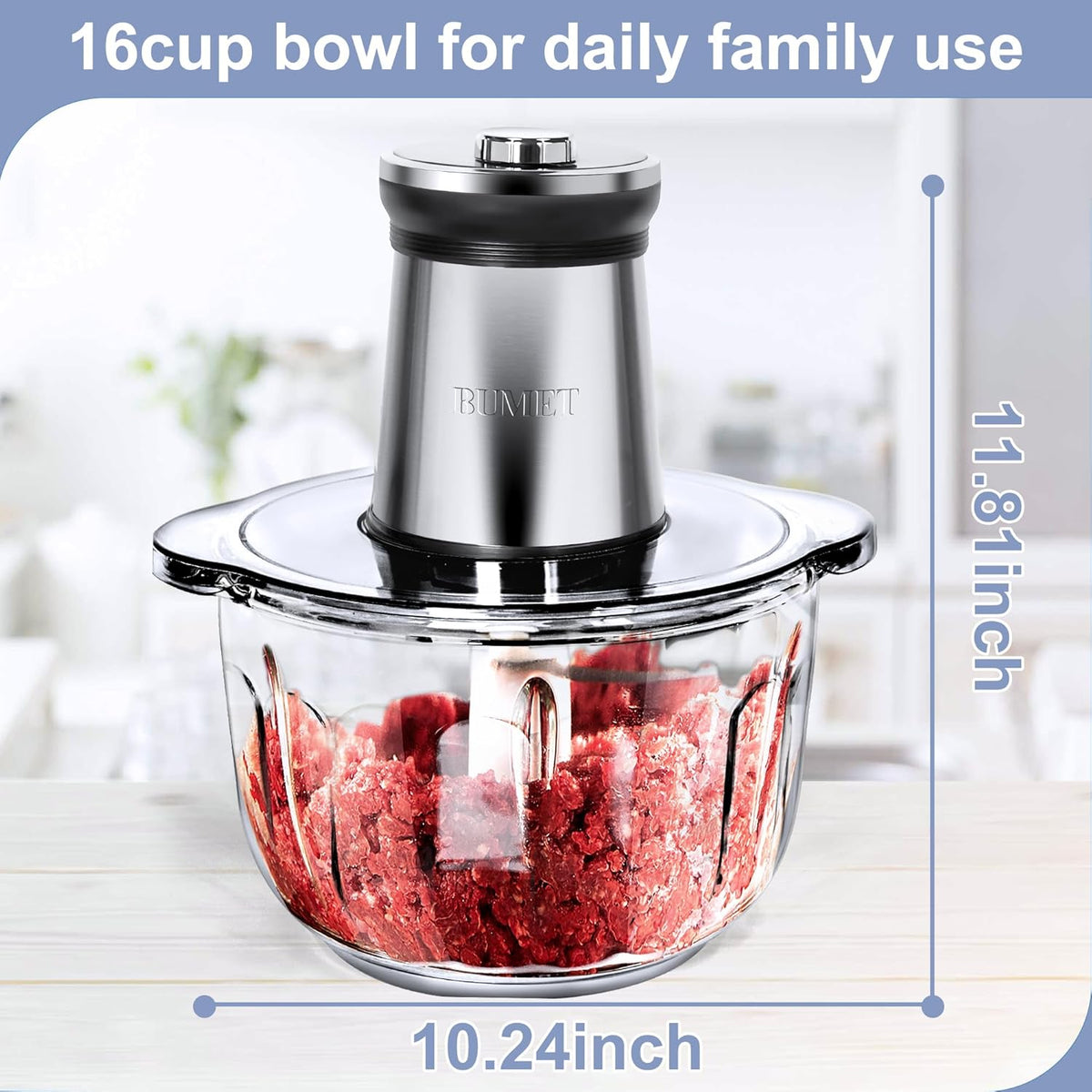 Electric Meat Grinder 850W Food Chopper Food processor with LED timer one 16cup thick glass bowl, 2 sets three-layers 6 blades cutter by BUMET