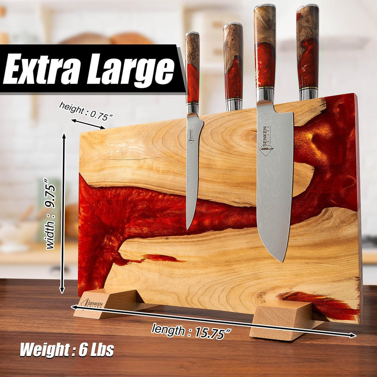 SENKEN "Red Tsunami" Extra Large Magnetic Knife Block - Holds Up to 16 Knives - Knife Block without Knives, Universal Knife Holder, Beautiful Red Resin & Natural Wood Blend ("Crimson" Red Resin Blend)