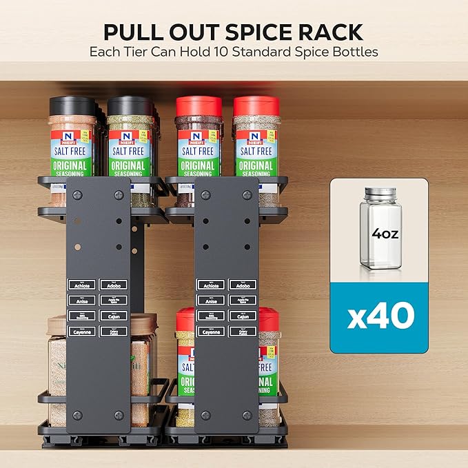 Nieifi Pull Out Spice Rack Organizer, 2 Tiers, Black, Spice Organization for Cabinet, Height Adjustable, Easy to Install