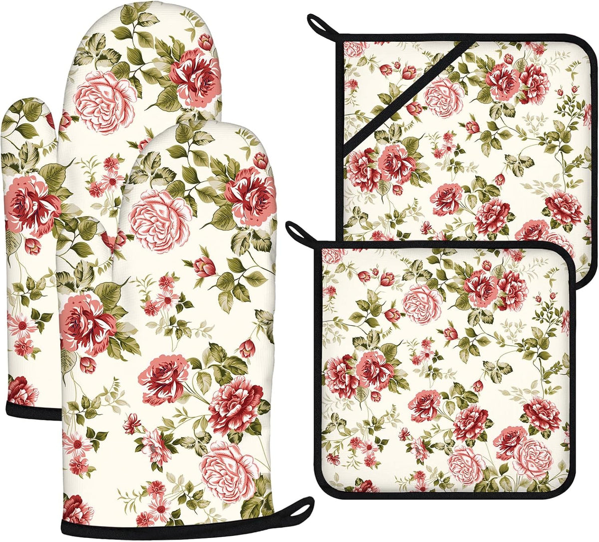 Red Rose Oven Mitts and Pot Holders Sets 4Pcs,Extra Long Oven Gloves Potholder for Kitchen Cooking Baking BBQ 100% Cotton Heat Resistant