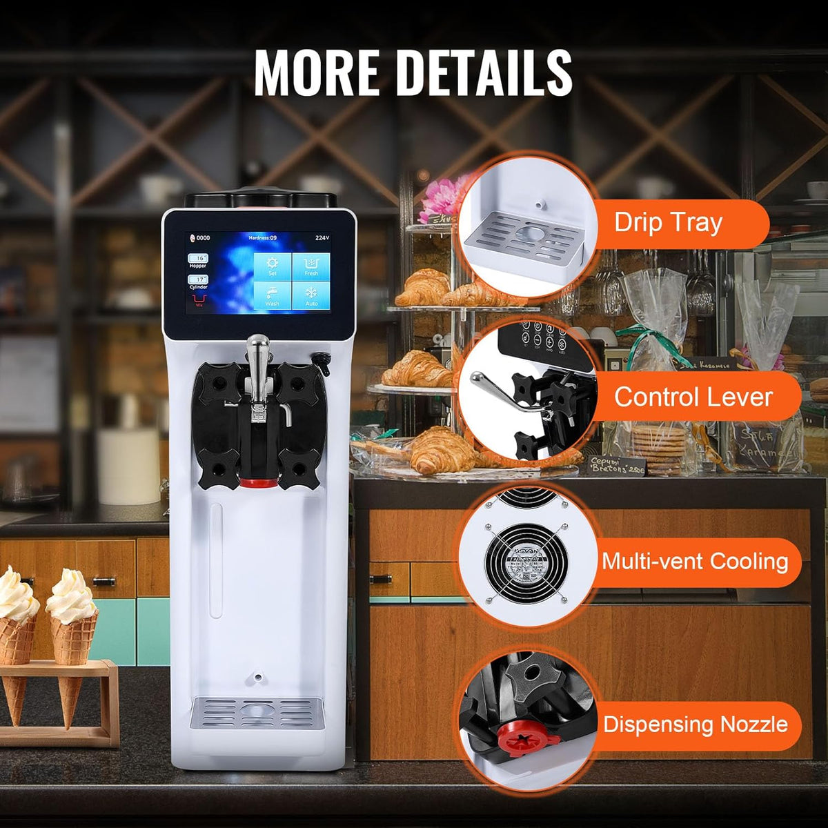 VEVOR Commercial Ice Cream Machine, 10.6 QT/H Yield, 1000W Single Flavor Countertop Soft Serve Ice Cream Maker, 4L Hopper 1.6L Cylinder, Touch Screen Auto Clean Pre-cooling, for Restaurant Snack Bar