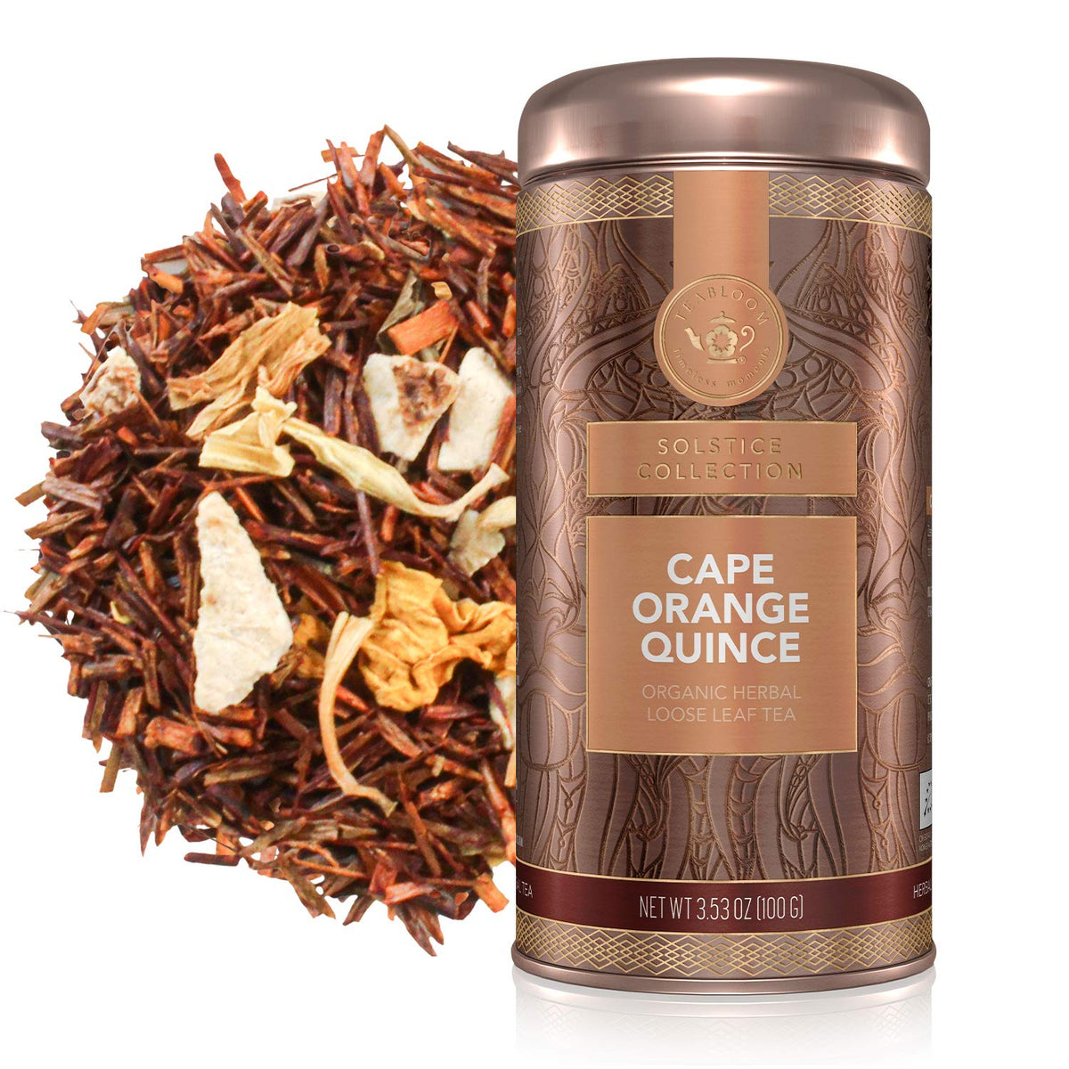 Teabloom Organic Herbal Tea, Cape Orange Quince Loose Leaf Tea, Zesty Citrus and Comforting Quince for a Tropical Rooibos - 3.53 oz/100 g Canister Makes 35-50 Cups