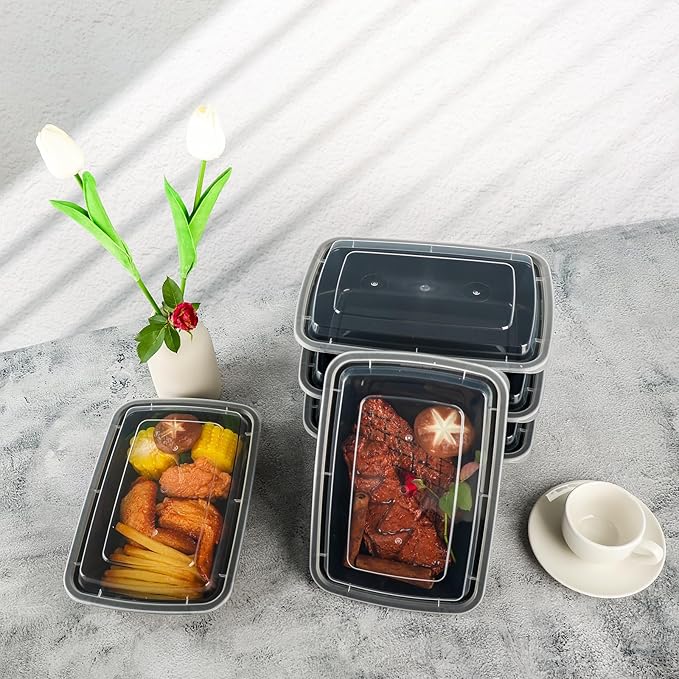 Meal Prep Containers Reusable 15 Pack-34 oz Food Storage Containers with Lids To Go Food Containers Takeout with 15 Forks, Microwave Dishwasher Freezer Safe, BPA Free, Plastic (Black)